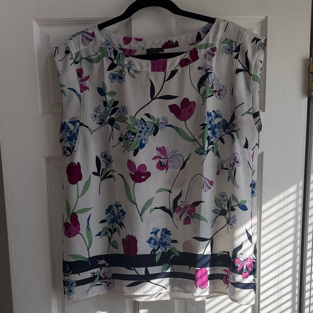 Ann Taylor Factory White Floral Cap-Sleeve Blouse with Pink & Blue Flowers